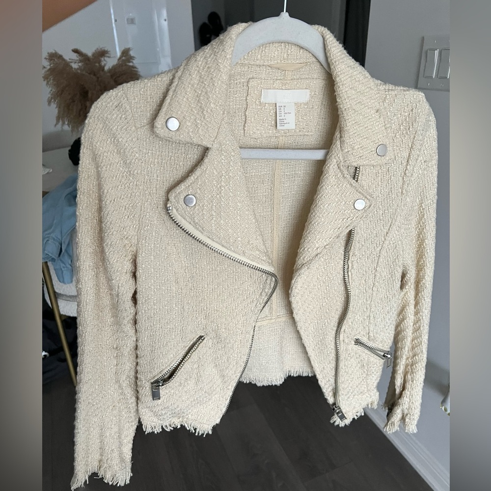 H&M Cream Woven Knit Moto Jacket sz 2